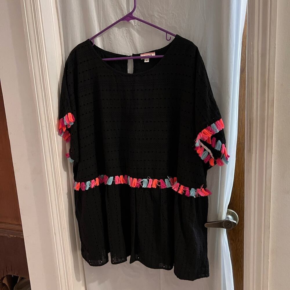 Andree by unit black eyelet babydoll top multicolor tassel trim size 3x